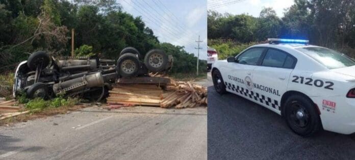Nuevo accidente en la vía Tulum-Playa del Carmen; chofer de tráiler se queda dormido y vuelca. Resultó con varias lesiones.