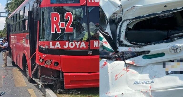 Chocan de manera aparatosa un chofer de la R-2 y un taxista en la Zona Hotelera de Cancún