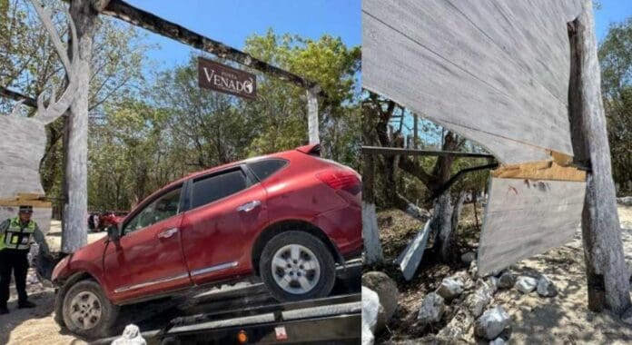 Conductora choca contra el letrero del club Punta Venado en el tramo Playa del Carmen-Tulum. Por fortuna no tuvo lesiones de consideración.