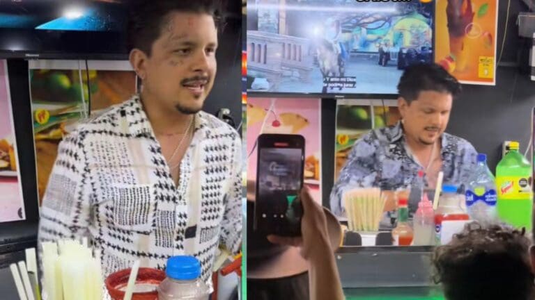 Video: Encuentran al doble de Christian Nodal en la Feria de San Marcos; prepara bebidas mientras canta