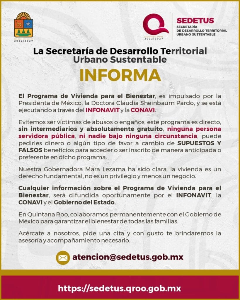 Alertan por intentos de fraude con el Programa de Vivienda para el Bienestar en Quintana Roo
