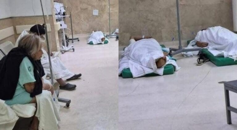 Pacientes son atendidos en el piso ante la falta de insumos y camas en un hospital del IMSS de Tehuacán, Puebla.
