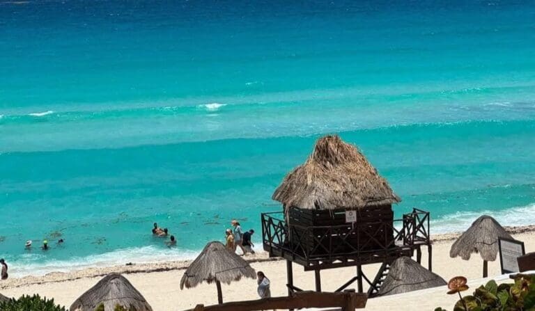 Sin sargazo; así es como luce Playa Delfines, una de las más emblemáticas de Cancún . Aunque el alga llega, el personal trabaja a toda hora.