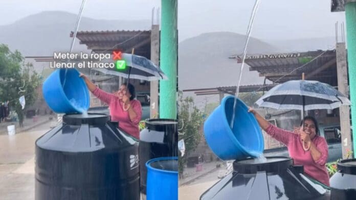 Video: Mujer aprovecha la lluvia para llenar su tinaco en México