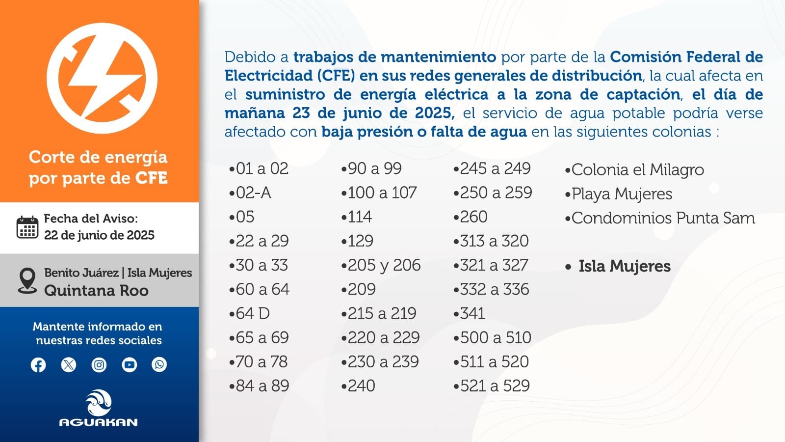 Supermanzanas con posible afectación de agua en Cancún