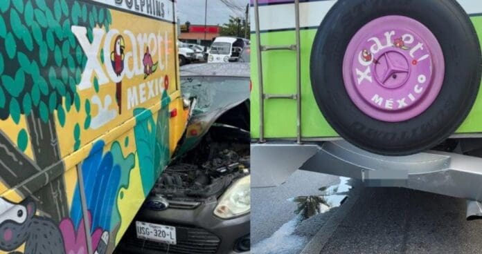 Automovilistas chocan contra camiones de Xcaret en Cancún y Playa del Carmen. Por fortuna no hubo lesionados.