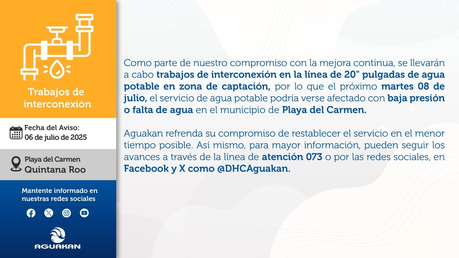 Se afectará el servicio de agua en Playa del Carmen - Aguakan