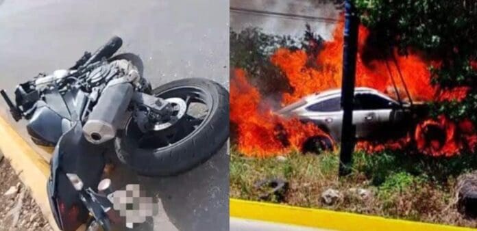 Fuertes accidentes en Cancún; muere motociclista y un automóvil se incendia tras chocar con anuncio. Todo por exceso de velocidad.