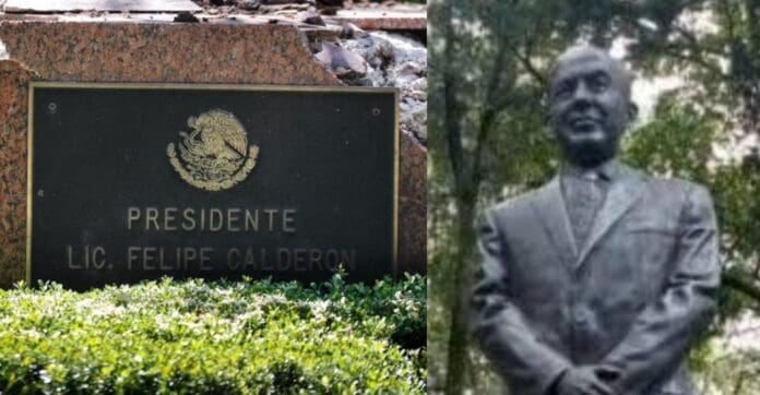 Un árbol derriba la estatua de Felipe Calderón en Los Pinos; internautas dicen que la 