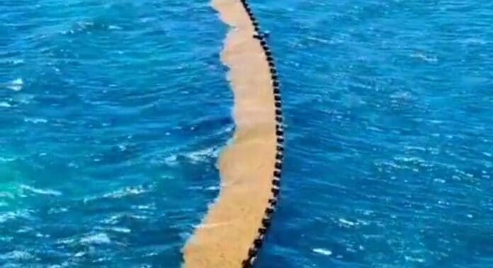 Una grabación muestra cómo la barrera antisargazo contiene el alga y mantiene limpias las costas de Playa del Carmen.