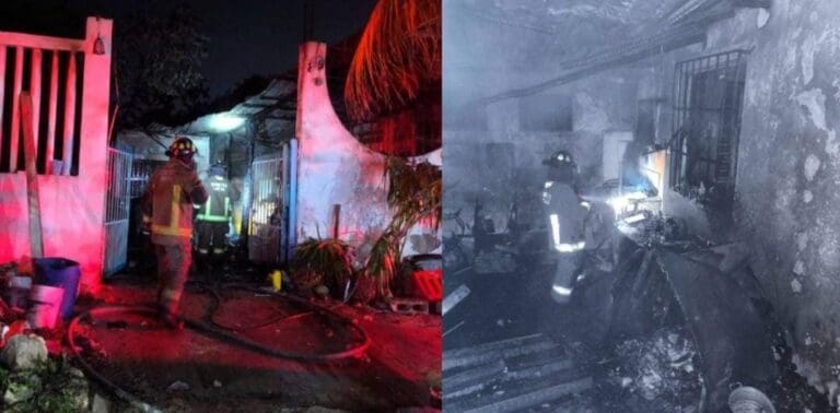 Quedan dos personas lesionadas tras incendio de vivienda en la zona de El Betel de Cancún. El fuego se contuvo.