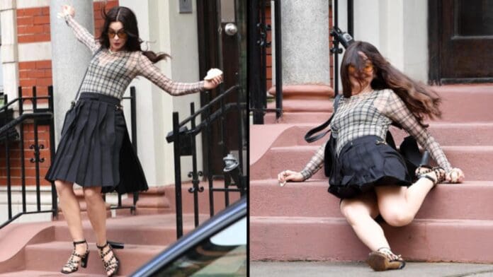 Video: Actriz Anne Hathaway se cae de las escaleras durante filmación de 