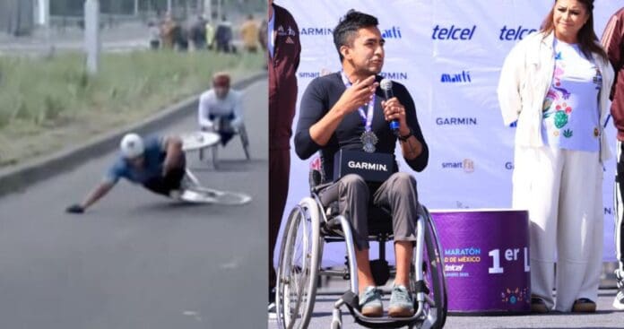 Atleta en silla de ruedas denuncia baches en el Maratón de la CDMX 2025; se cayeron dos de ellos