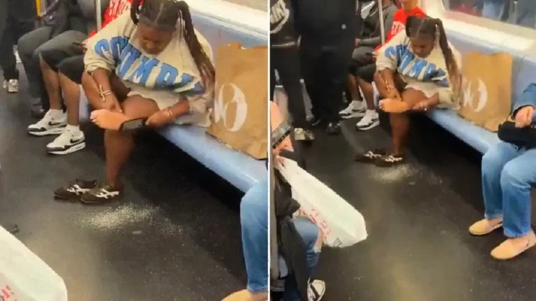 Mujer se hace pedicure en el metro de Nueva York, Estados Unidos