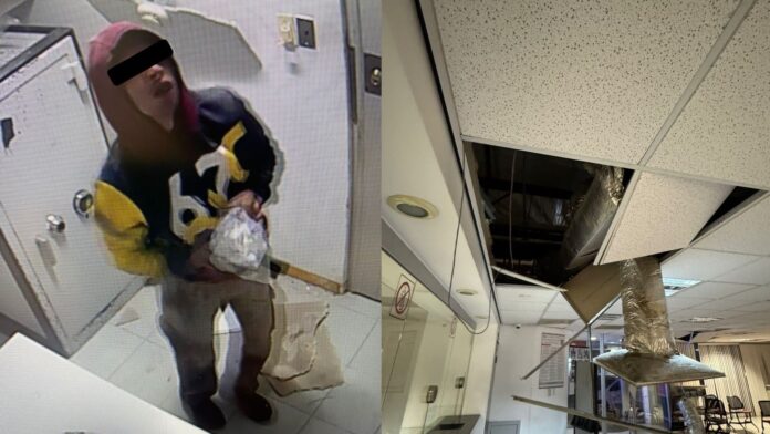 Detienen a sujeto por intentar robar un banco abriendo un boquete en la pared en Saltillo, Coahuila