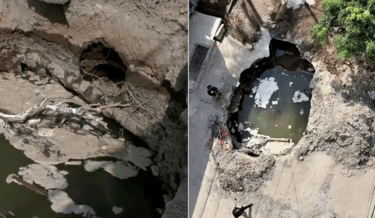 Vecinos alertan sobre socavón generado por fuga de agua en Santa María Aztahuacán en Edomex