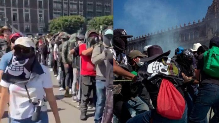 Video: Captan a presunto grupo de choque en la marcha de la Generación Z; todos encapuchados y haciendo fila