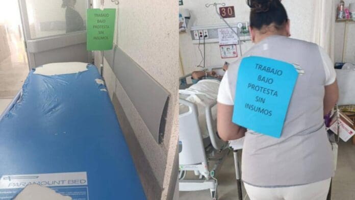 Personal del ISSSTE protesta con mensajes en la espalda por la falta de insumos y medicamentos en Oaxaca