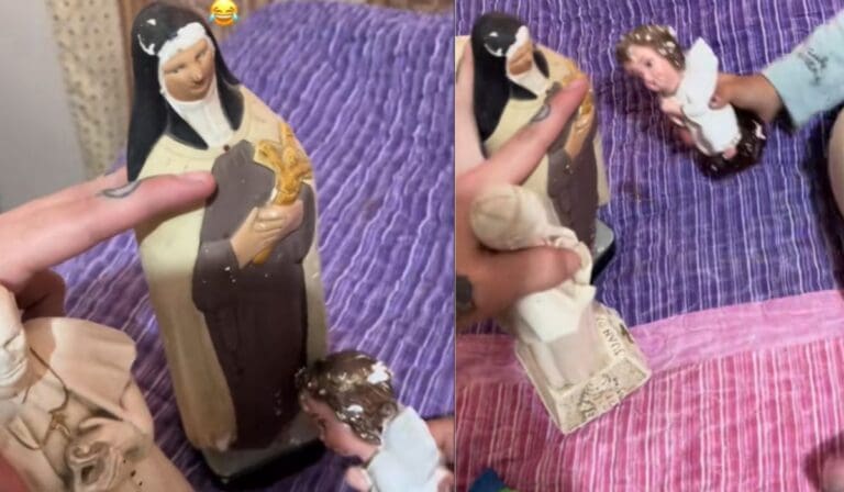 Video Niña usa las figuras religiosas de su abuela como juguetes