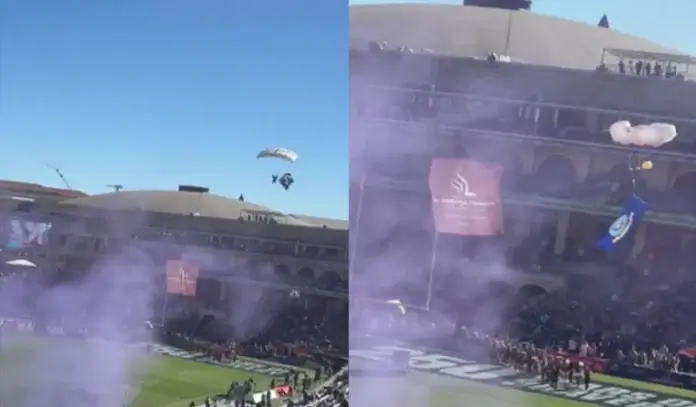 Paracaidista cae tras atorarse en un cable durante espectáculo en Texas, Estados Unidos
