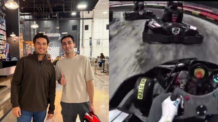 Checo Pérez compite contra un fan en carrera de karts