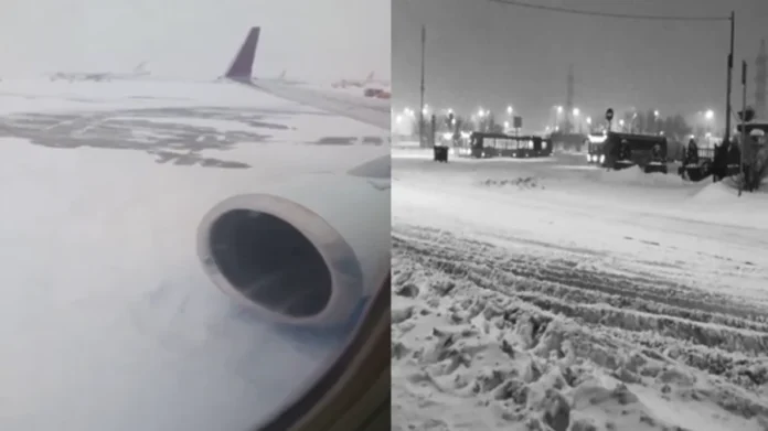 Avión queda atascado en la nieve tras fuerte ciclón en Moscú, Rusia