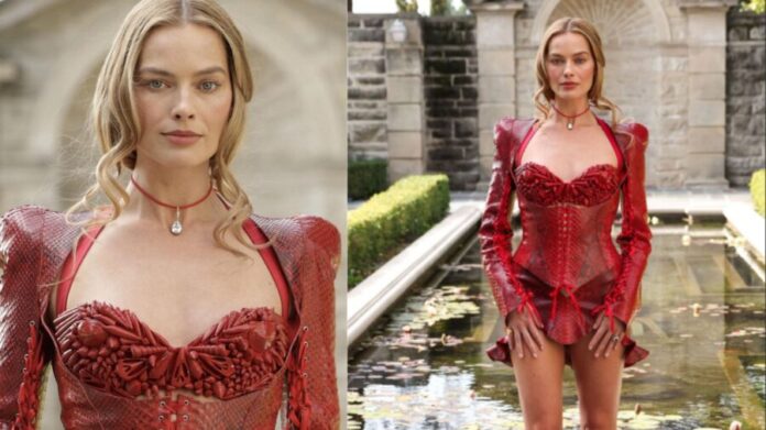 Margot Robbie es criticada por usar un vestido de cuero rojo durante presentación de la película Wuthering Heights