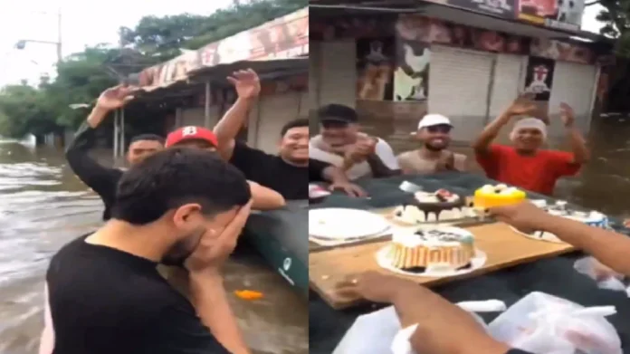 Hombre celebra su cumpleaños en calles inundadas en Colombia