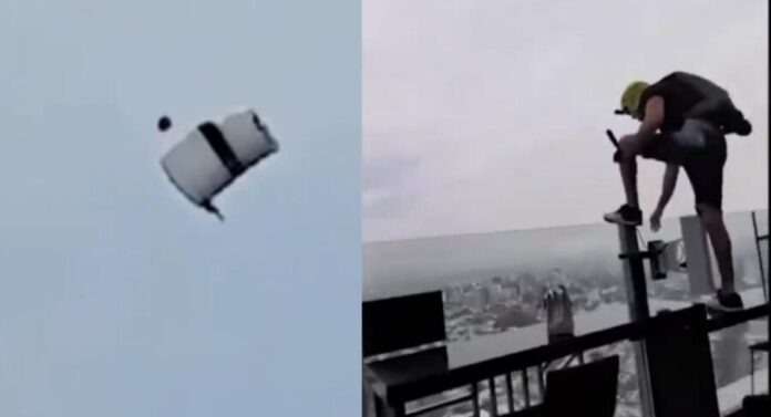 Un paracaidista se lanzó sin permiso desde el piso 41 de un hotel Riu de Guadalajara, Jalisco. Todo quedó grabado.