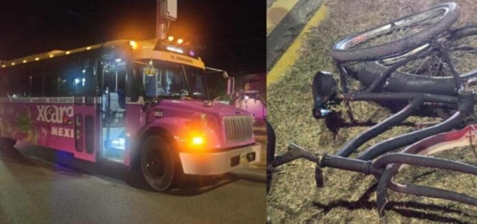 Chofer de autobús de Xcaret golpea a un ciclista en el bulevar Playa del Carmen. El hombre fue llevado al hospital.