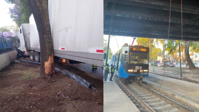 Conductor de tráiler se queda dormido y choca contra la barda del Tren Ligero en alcaldía Coyoacán, CDMX