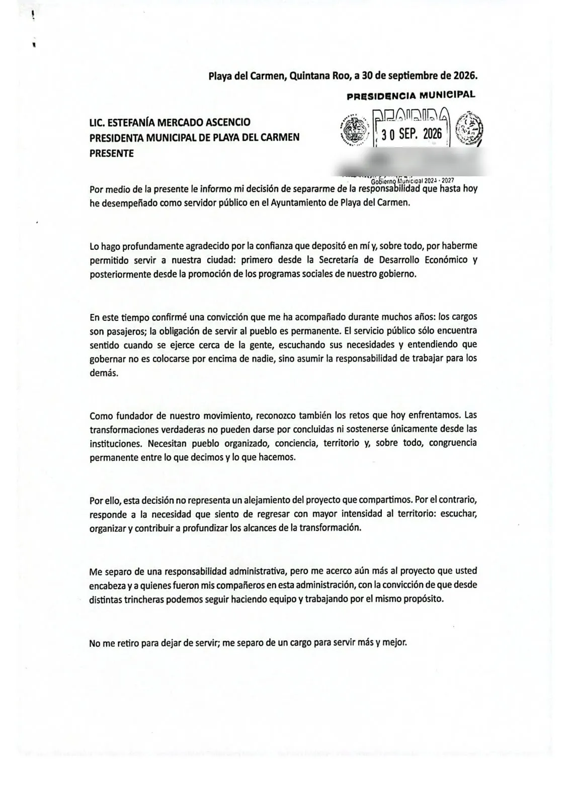 Primera página de la carta de separación de Antón Bojórquez, recibida por la Presidencia Municipal de Playa del Carmen el 30 de septiembre de 2026