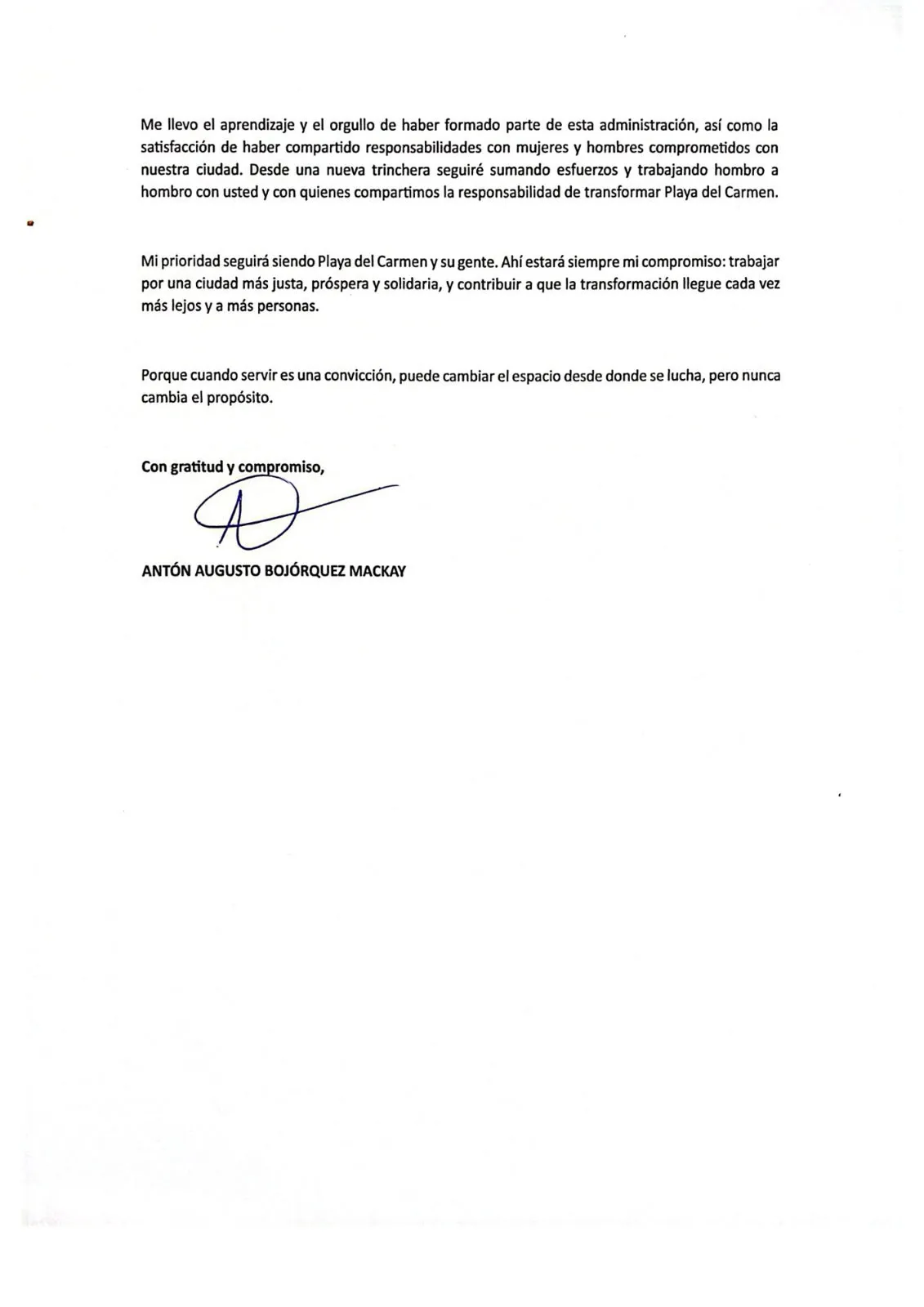 Segunda página de la carta de separación firmada por Antón Augusto Bojórquez Mackay