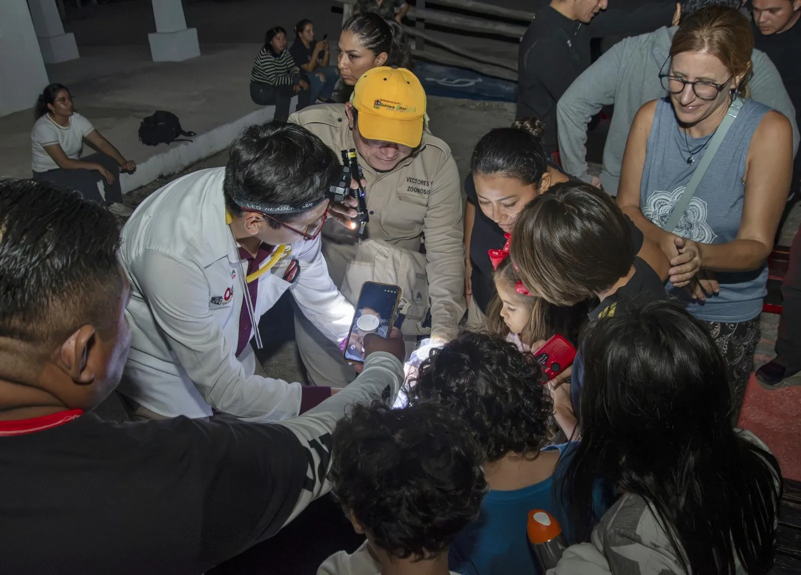 Asistentes observan de cerca ejemplares de insectos con un investigador en Punta Sur